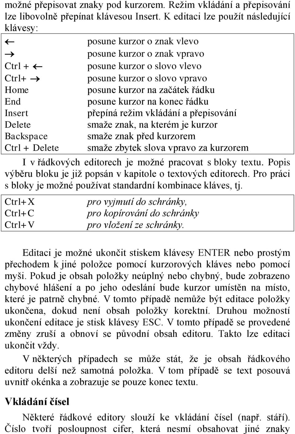 řádku End posune kurzor na konec řádku Insert přepíná režim vkládání a přepisování Delete smaže znak, na kterém je kurzor Backspace smaže znak před kurzorem Ctrl + Delete smaže zbytek slova vpravo za