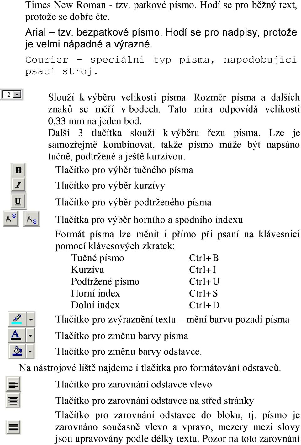 Další 3 tlačítka slouží k výběru řezu písma. Lze je samozřejmě kombinovat, takže písmo může být napsáno tučně, podtrženě a ještě kurzívou.