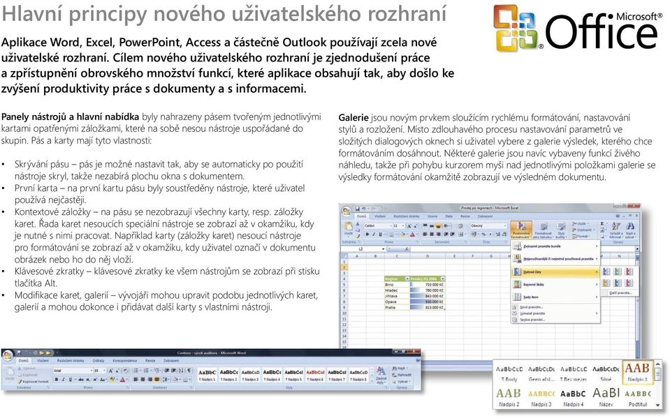 Panely nástrojů a hlavní nabídka byly nahrazeny pásem tvořeným jednotlivými kartami opatřenými záložkami, které na sobě nesou nástroje uspořádané do skupin.