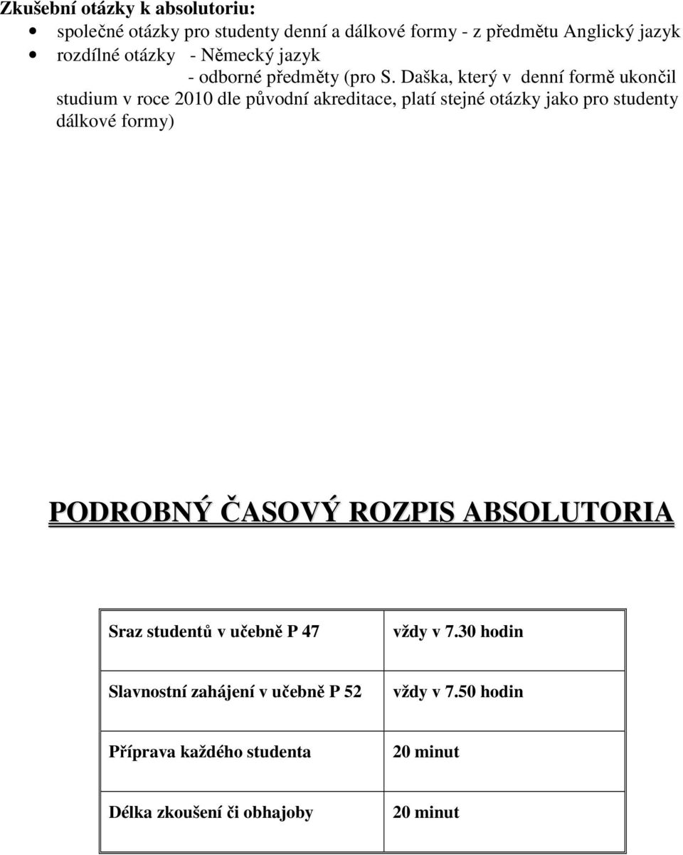 Daška, který v denní formě ukončil studium v roce 2010 dle původní akreditace, platí stejné jako pro studenty