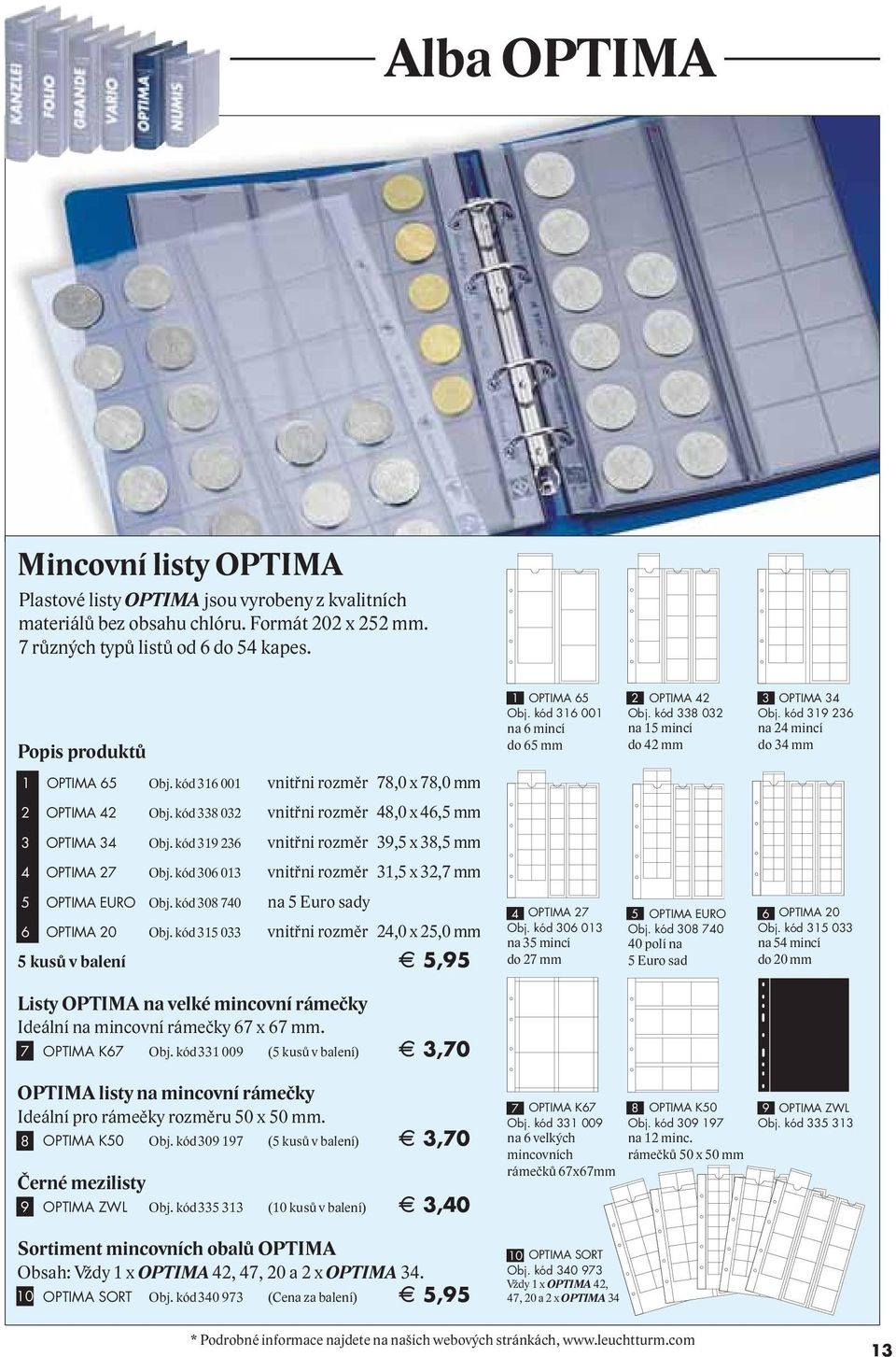 kód 319 236 vnitřni rozměr 39,5 x 38,5 mm 4 OPTIMA 27 Obj. kód 306 013 vnitřni rozměr 31,5 x 32,7 mm 5 OPTIMA EURO Obj. kód 308 740 na 5 Euro sady 6 OPTIMA 20 Obj.