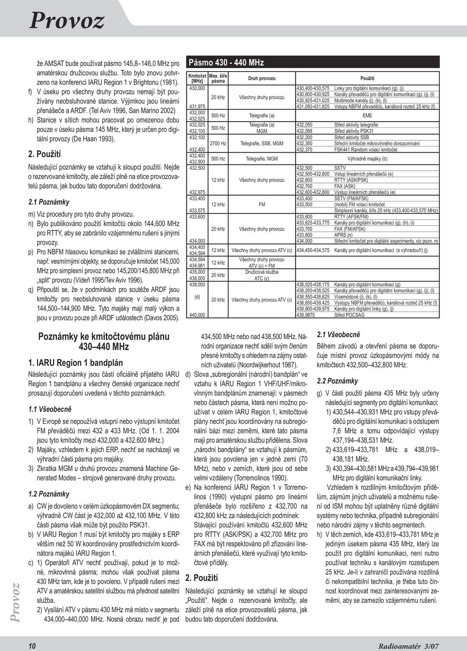 (Tel Aviv 1996, San Marino 2002) h) Stanice v sítích mohou pracovat po omezenou dobu pouze v úseku pásma 145 MHz, který je určen pro digitální provozy (De Haan 1993). 2. Použití Následující poznámky se vztahují k sloupci použití.