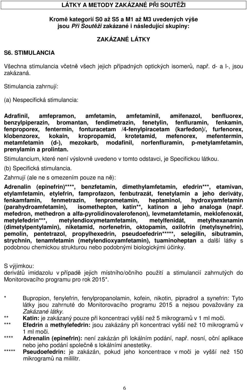 Stimulancia zahrnují: (a) Nespecifická stimulancia: Adrafinil, amfepramon, amfetamin, amfetaminil, amifenazol, benfluorex, benzylpiperazin, bromantan, fendimetrazin, fenetylin, fenfluramin, fenkamin,