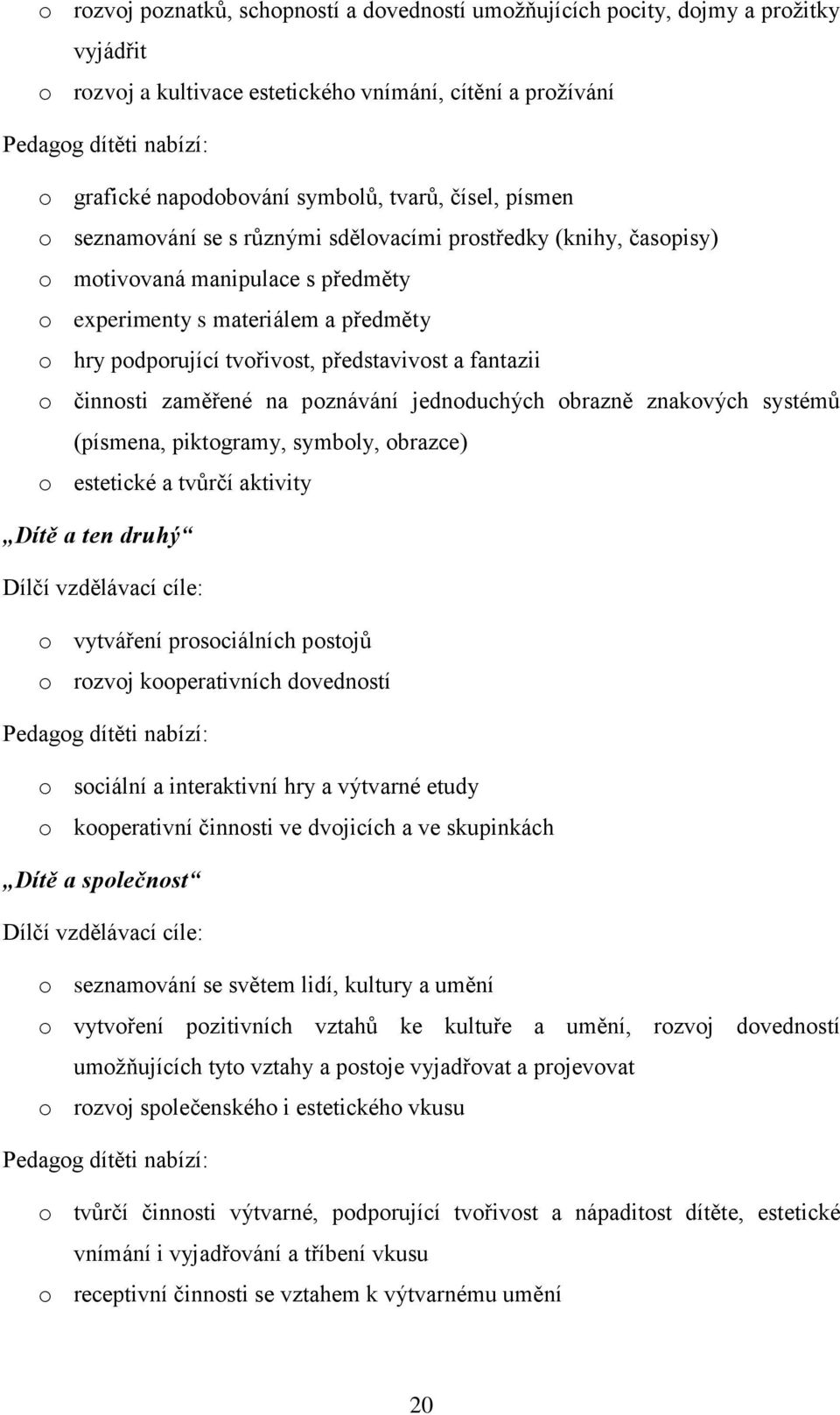 představivost a fantazii o činnosti zaměřené na poznávání jednoduchých obrazně znakových systémů (písmena, piktogramy, symboly, obrazce) o estetické a tvůrčí aktivity Dítě a ten druhý Dílčí