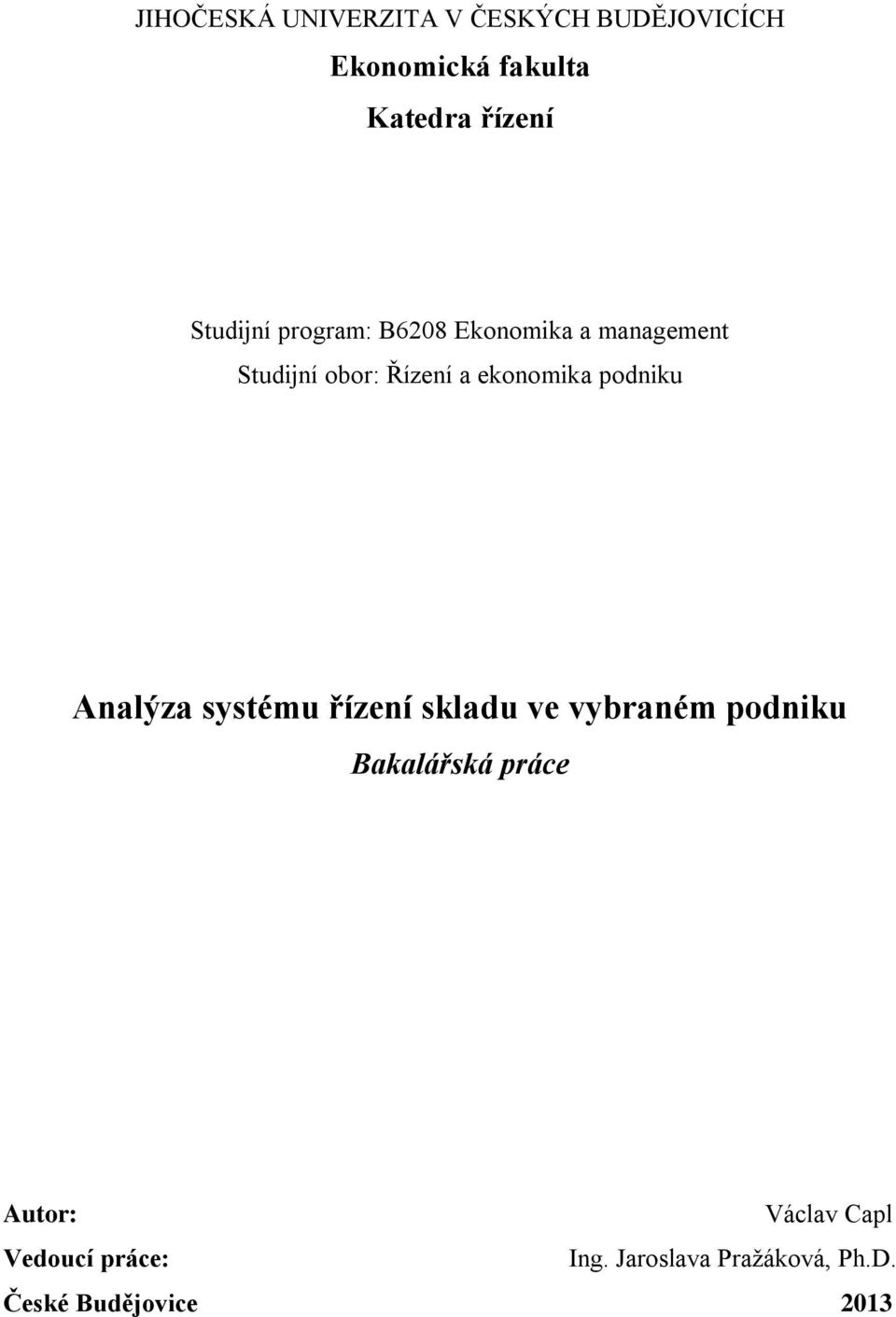 podniku Analýza systému řízení skladu ve vybraném podniku Bakalářská práce