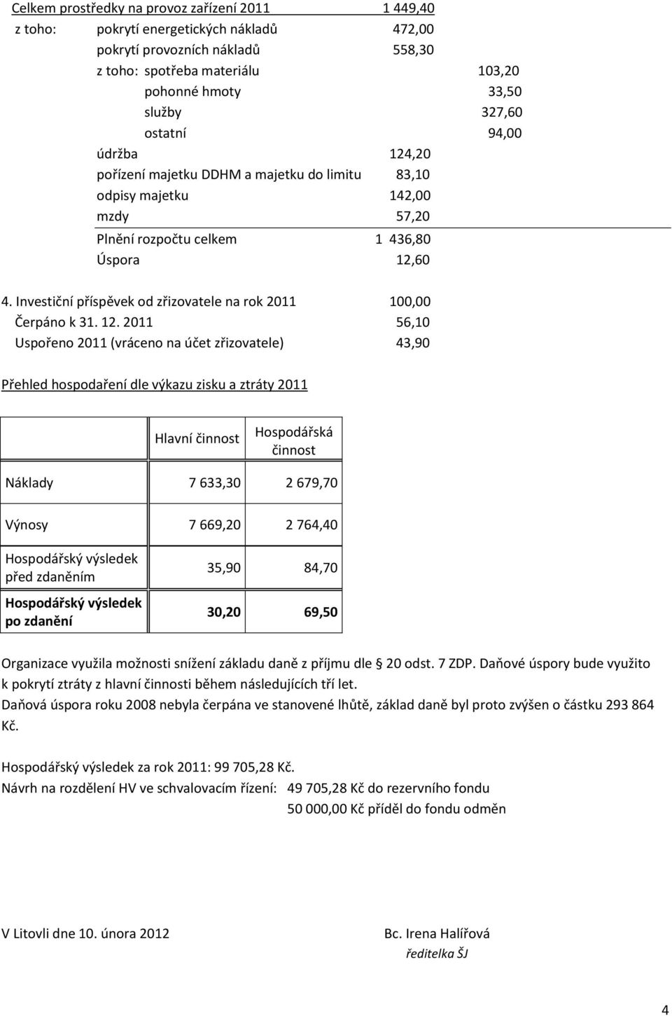 Investiční příspěvek od zřizovatele na rok 2011 100,00 Čerpáno k 31. 12.