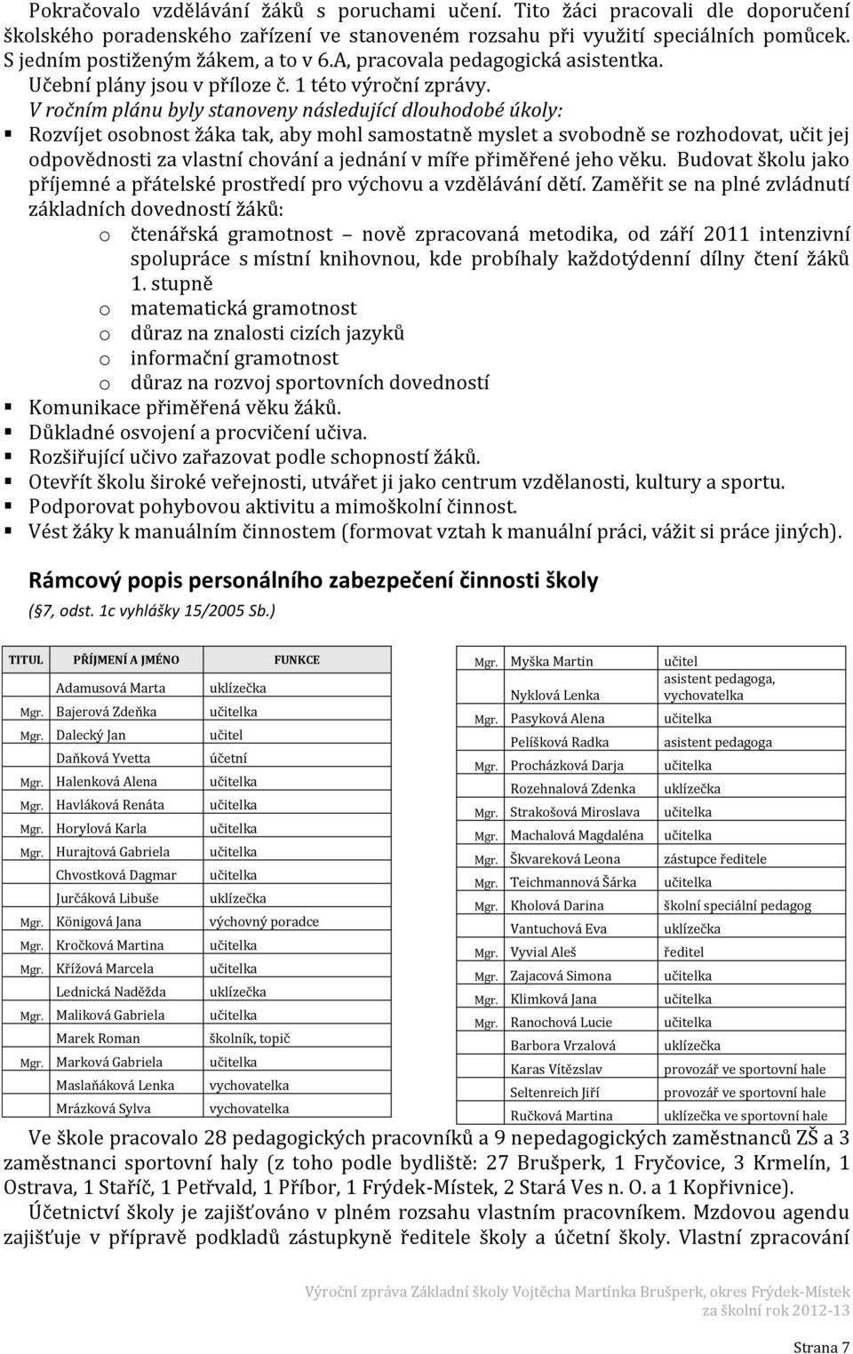 V ročním plánu byly stanoveny následující dlouhodobé úkoly: Rozvíjet osobnost žáka tak, aby mohl samostatně myslet a svobodně se rozhodovat, učit jej odpovědnosti za vlastní chování a jednání v míře