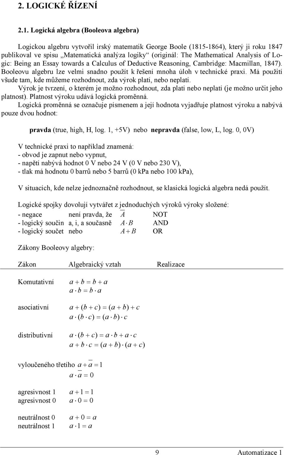 Analysis of Logic: Being an Essay towards a Calculus of Deductive Reasoning, Cambridge: Macmillan, 1847). Booleovu algebru lze velmi snadno použít k řešení mnoha úloh v technické praxi.