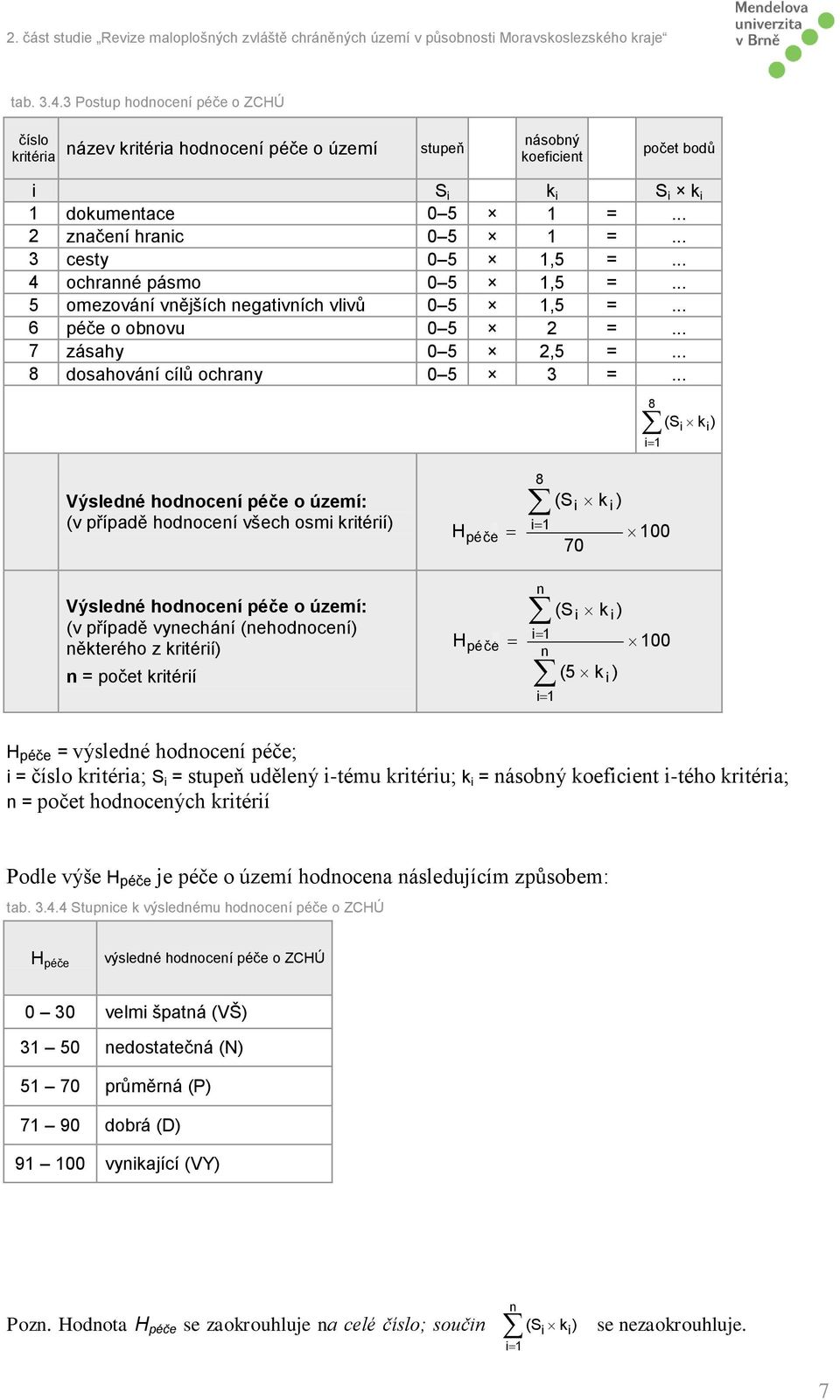 .. 8 (Si ki) i 1 Výsledné hodnocení péče o území: (v případě hodnocení všech osmi kritérií) H péčé 8 i 1 (S k ) i i 100 70 Výsledné hodnocení péče o území: (v případě vynechání (nehodnocení)