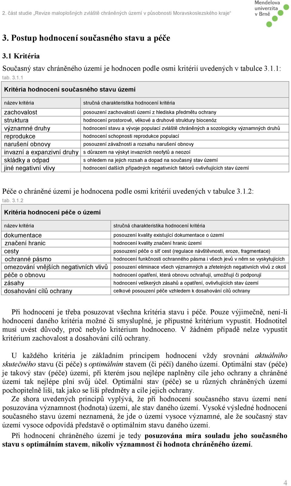 1: tab. 3.1.1 Kritéria hodnocení současného stavu území název kritéria stručná charakteristika hodnocení kritéria zachovalost posouzení zachovalosti území z hlediska předmětu ochrany struktura