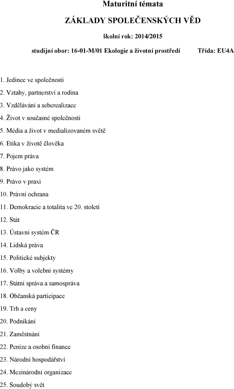 Demokracie a totalita ve 20. století 12. Stát 13. Ústavní systém ČR 14. Lidská práva 15. Politické subjekty 16. Volby a volební systémy 17.