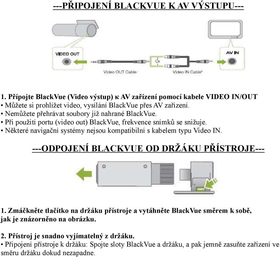 Nemůžete přehrávat soubory již nahrané BlackVue. Při použití portu (video out) BlackVue, frekvence snímků se snižuje.