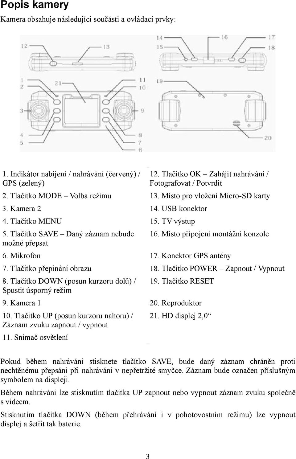 Místo připojení montážní konzole 6. Mikrofon 17. Konektor GPS antény 7. Tlačítko přepínání obrazu 18. Tlačítko POWER Zapnout / Vypnout 8. Tlačítko DOWN (posun kurzoru dolů) / Spustit úsporný režim 19.