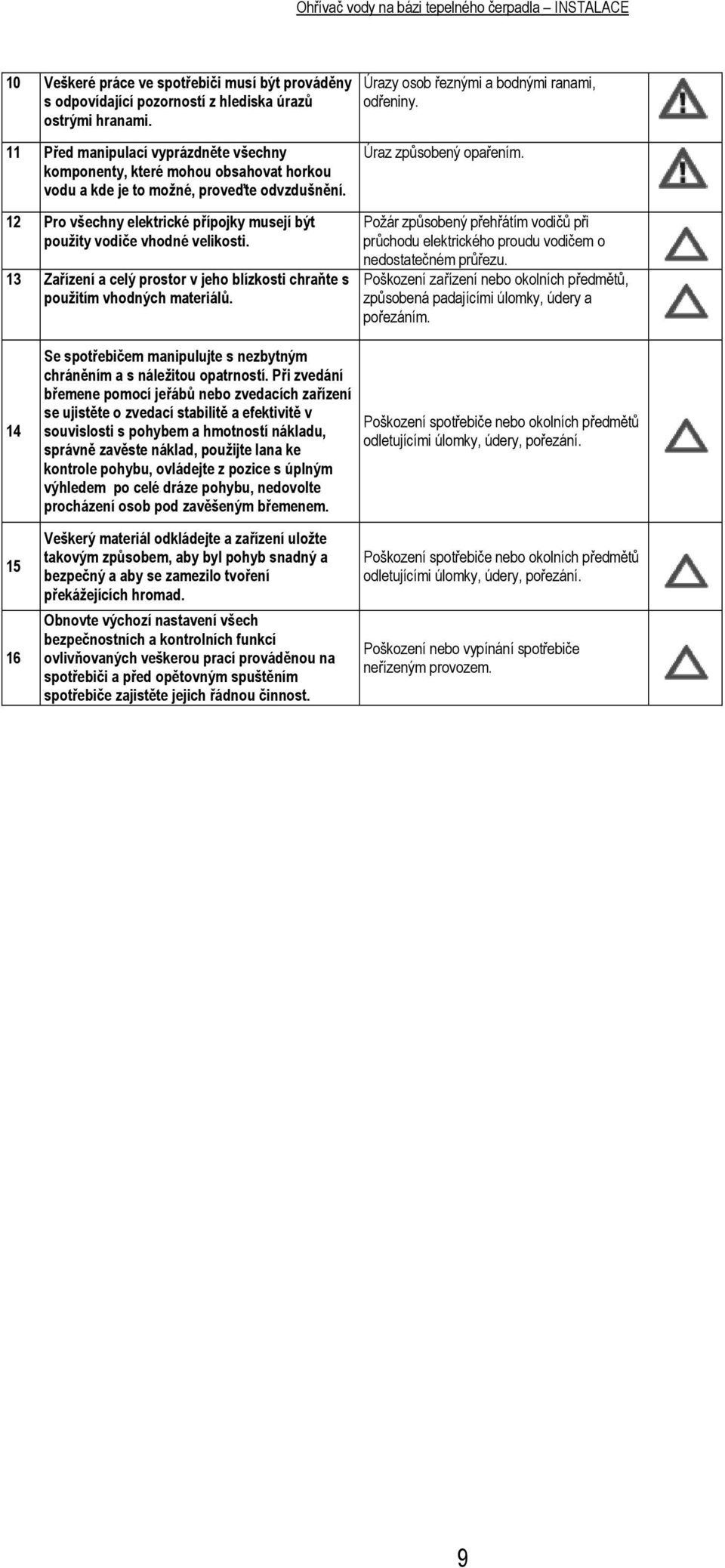 12 Pro všechny elektrické přípojky musejí být použity vodiče vhodné velikosti. 13 Zařízení a celý prostor v jeho blízkosti chraňte s použitím vhodných materiálů. Úraz způsobený opařením.