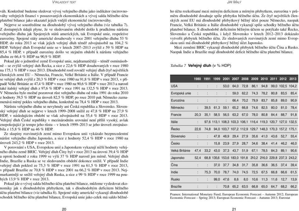 ekonomické (ne)rovnováhy. Nejprve se soustředíme na dlouhodobý vývoj veřejného dluhu (viz tabulka 7).