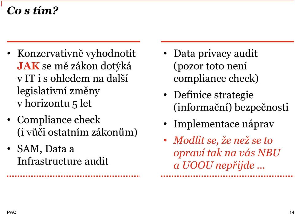 horizontu 5 let Compliance check (i vůči ostatním zákonům) SAM, Data a Infrastructure audit