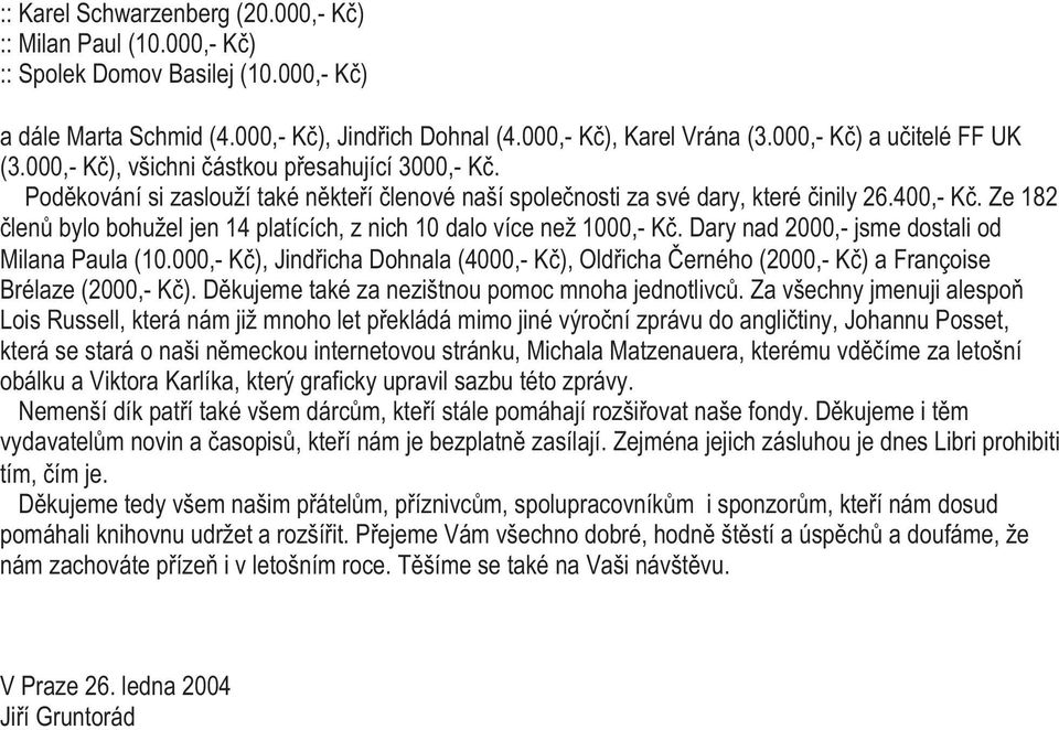 Ze 182 len bylo bohužel jen 14 platících, z nich 10 dalo více než 1000,- K. Dary nad 2000,- jsme dostali od Milana Paula (10.