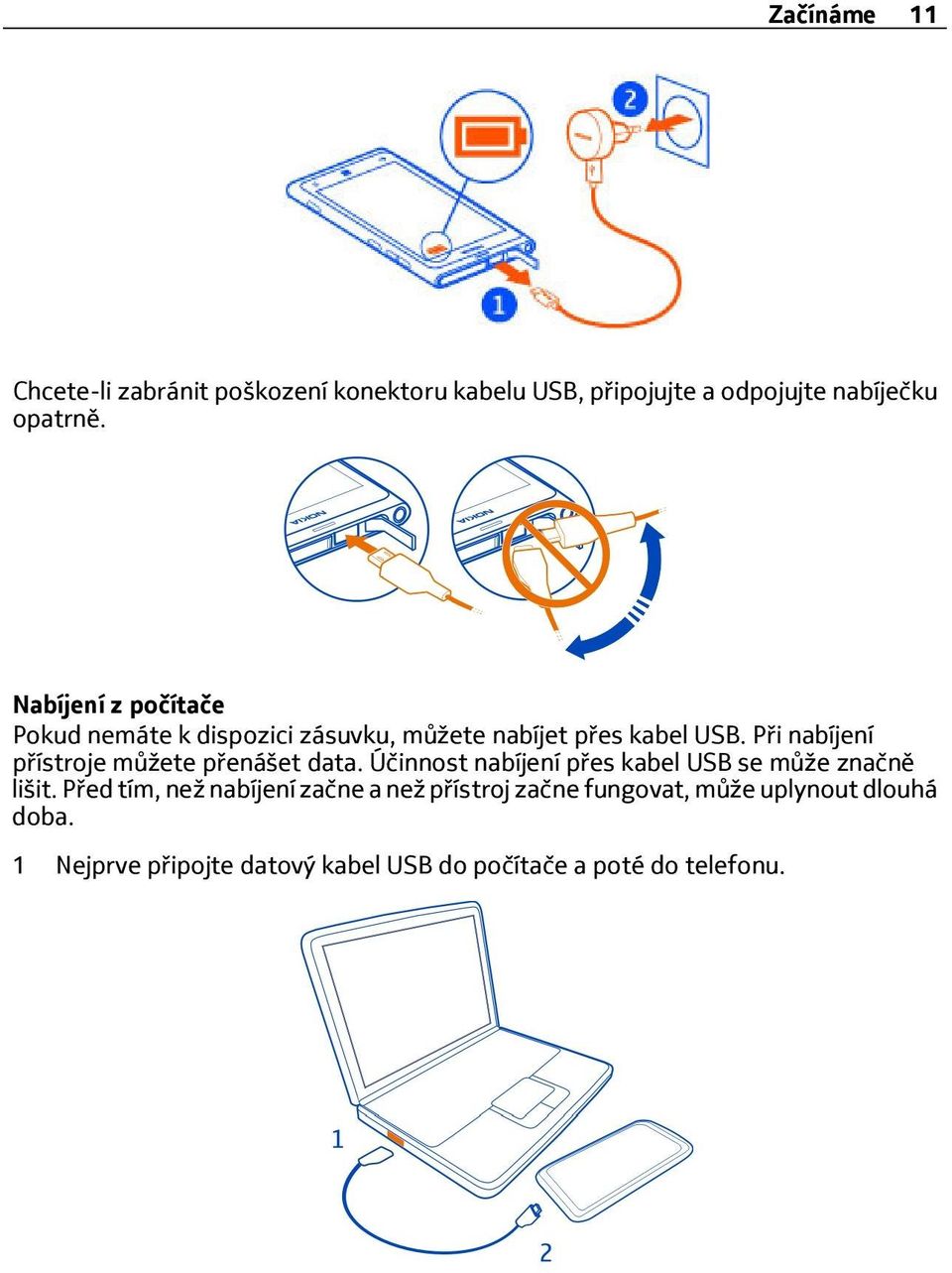 Při nabíjení přístroje můžete přenášet data. Účinnost nabíjení přes kabel USB se může značně lišit.