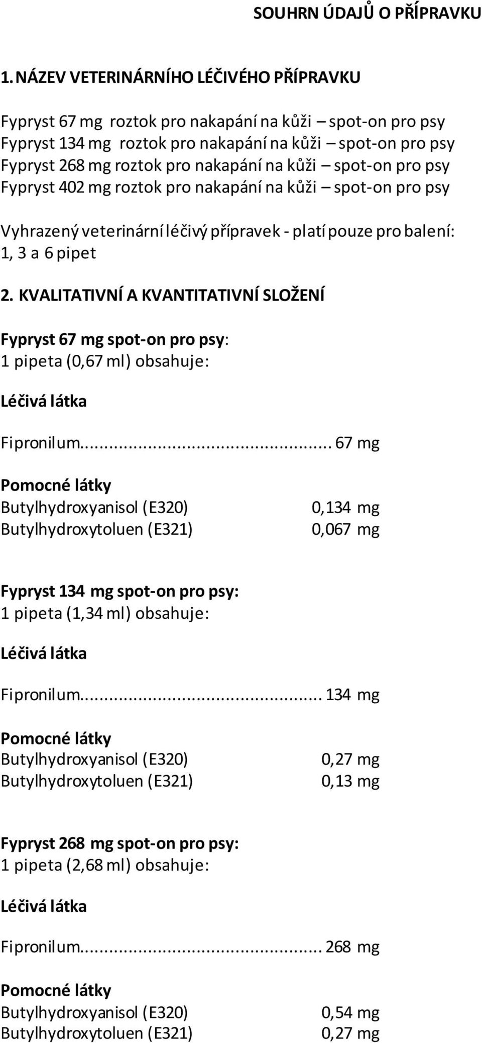 pro nakapání na kůži spot-on pro psy Fypryst 402 mg roztok pro nakapání na kůži spot-on pro psy Vyhrazený veterinární léčivý přípravek - platí pouze pro balení: 1, 3 a 6 pipet 2.