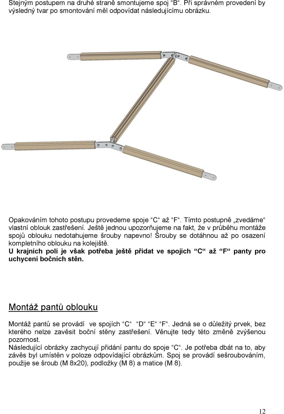 Šrouby se dotáhnou až po osazení kompletního oblouku na kolejiště. U krajních polí je však potřeba ještě přidat ve spojích C až F panty pro uchycení bočních stěn.