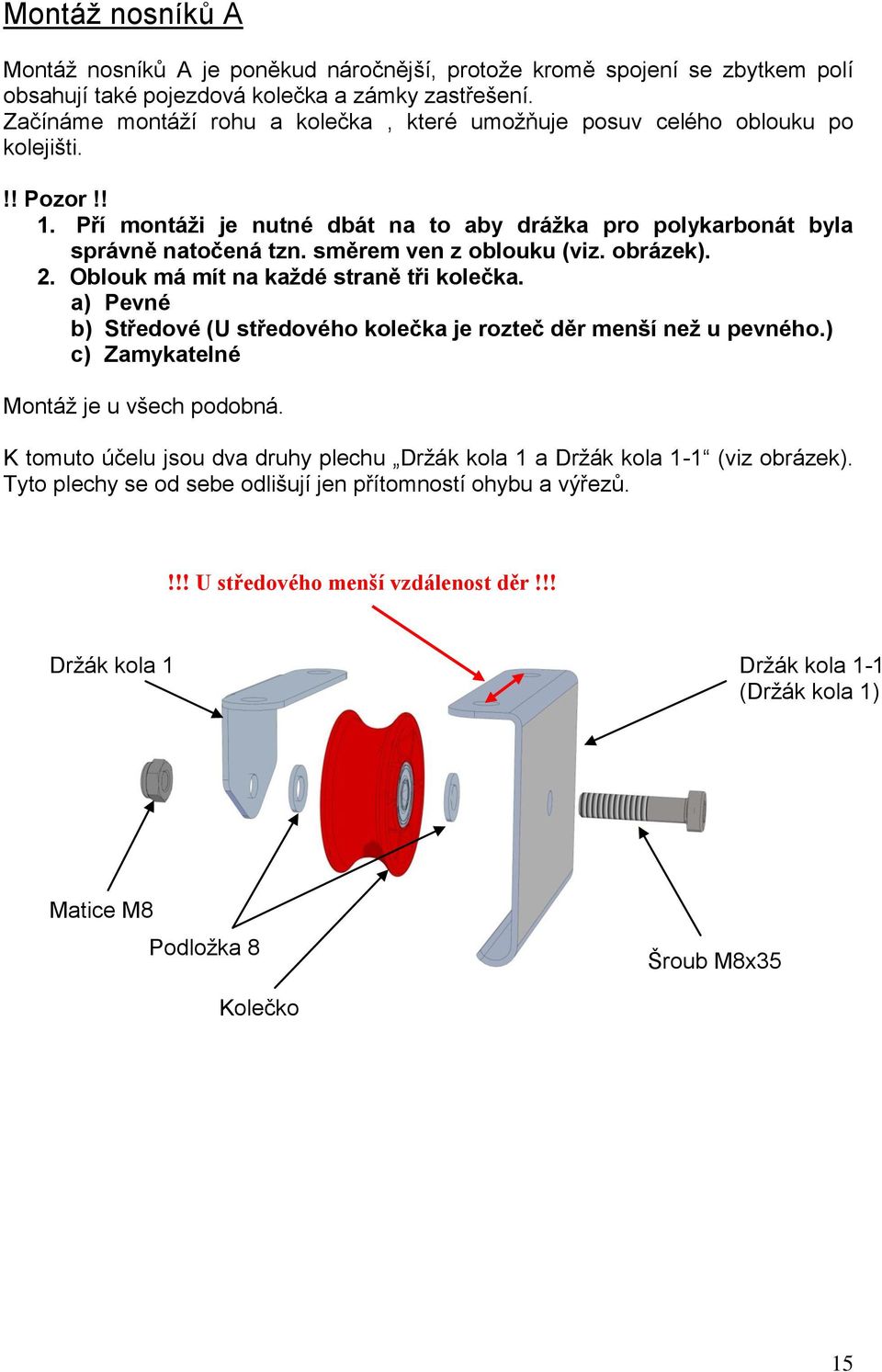 směrem ven z oblouku (viz. obrázek). 2. Oblouk má mít na každé straně tři kolečka. a) Pevné b) Středové (U středového kolečka je rozteč děr menší než u pevného.