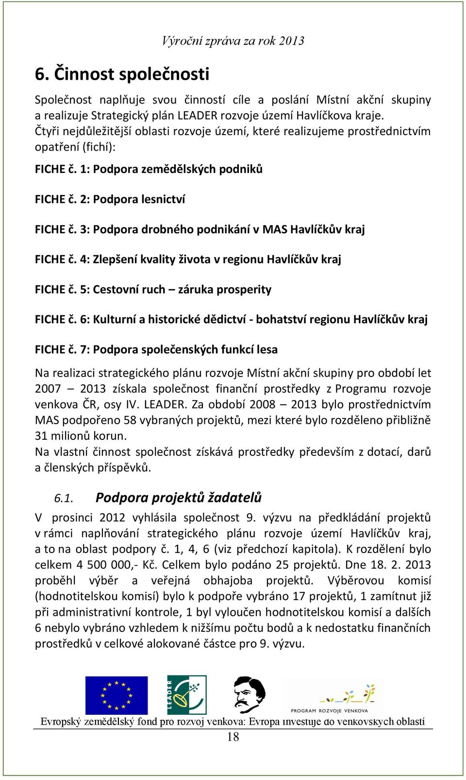 3: Podpora drobného podnikání v MAS Havlíčkův kraj FICHE č. 4: Zlepšení kvality života v regionu Havlíčkův kraj FICHE č. 5: Cestovní ruch záruka prosperity FICHE č.