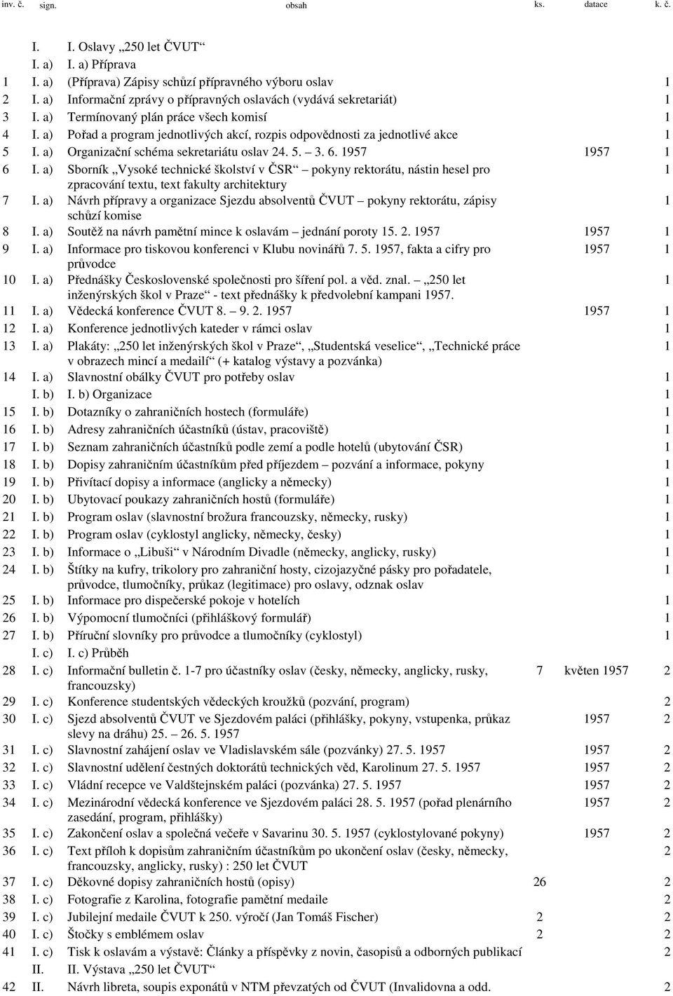 a) Organizační schéma sekretariátu oslav 24. 5. 3. 6. 957 957 6 I. a) Sborník Vysoké technické školství v ČSR pokyny rektorátu, nástin hesel pro zpracování textu, text fakulty architektury 7 I.