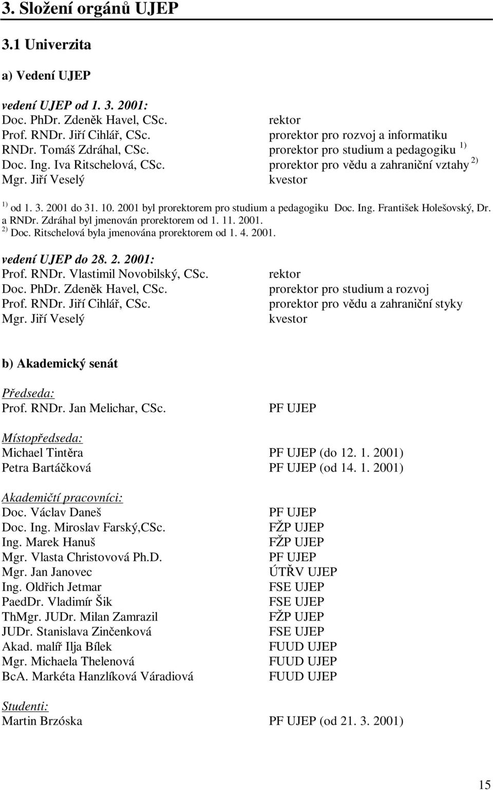 2001 byl prorektorem pro studium a pedagogiku Doc. Ing. František Holešovský, Dr. a RNDr. Zdráhal byl jmenován prorektorem od 1. 11. 2001. 2) Doc. Ritschelová byla jmenována prorektorem od 1. 4. 2001. vedení UJEP do 28.