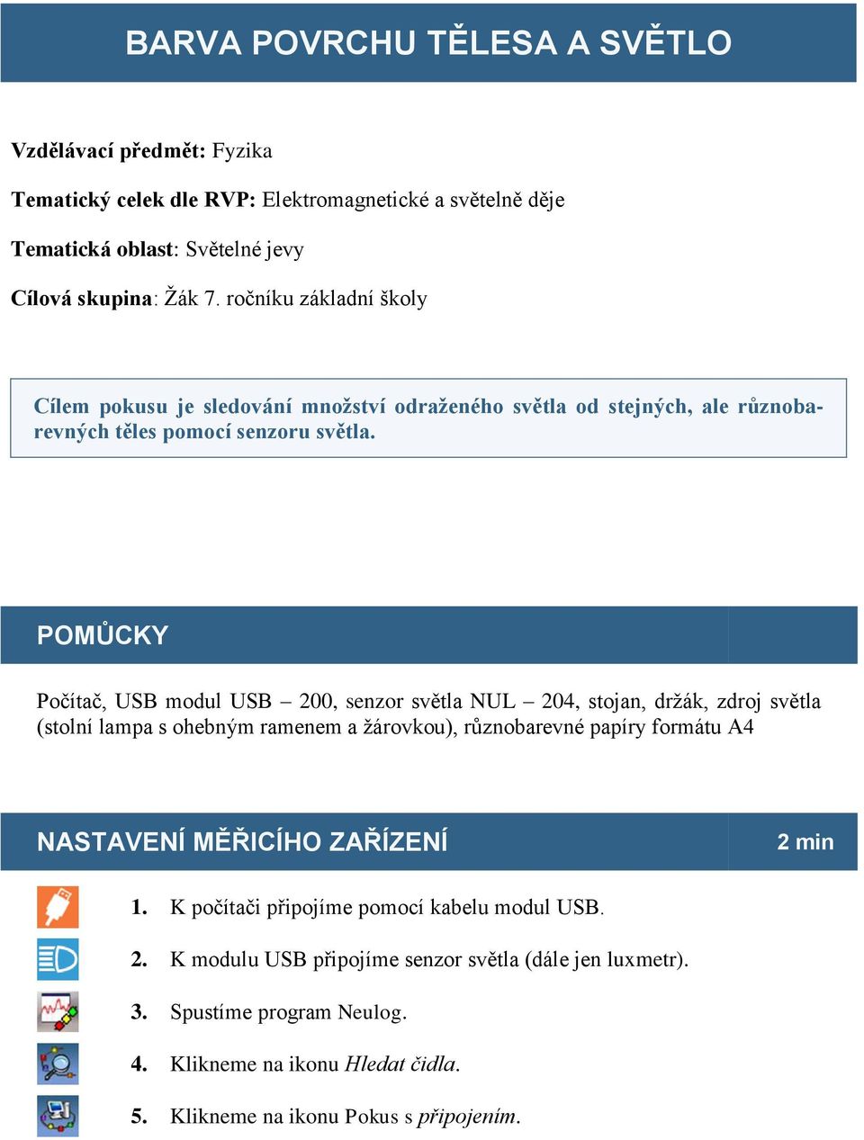 POMŮCKY Počítač, USB modul USB 200, senzor světla NUL 204, stojan, držák, zdroj světla (stolní lampa s ohebným ramenem a žárovkou), různobarevné papíry formátu A4 NASTAVENÍ