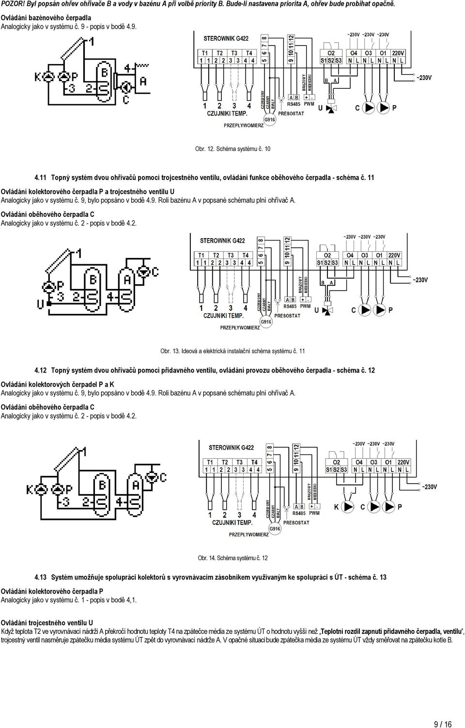 11 a trojcestného ventilu U Analogicky jako v systému č. 9, bylo popsáno v bodě 4.9. Roli bazénu A v popsané schématu plní ohřívač A. Obr. 13. Ideová a elektrická instalační schéma systému č. 11 4.