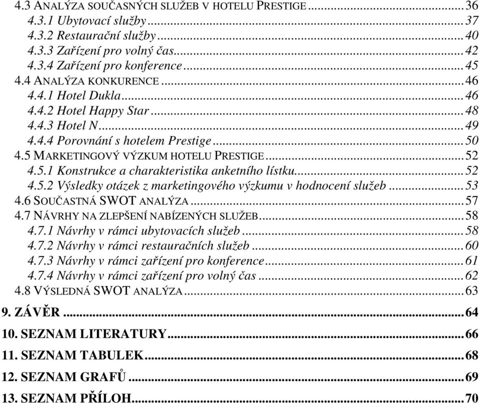 .. 52 4.5.2 Výsledky otázek z marketingového výzkumu v hodnocení služeb... 53 4.6 SOUČASTNÁ SWOT ANALÝZA... 57 4.7 NÁVRHY NA ZLEPŠENÍ NABÍZENÝCH SLUŽEB... 58 4.7.1 Návrhy v rámci ubytovacích služeb.