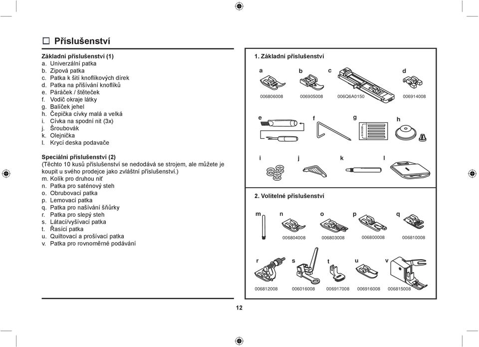 Základní příslušenství Speciální příslušenství (2) (Těchto 10 kusů příslušenství se nedodává se strojem, ale můžete je koupit u svého prodejce jako zvláštní příslušenství.) m.