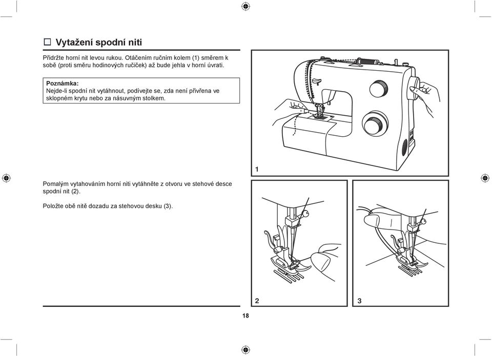 Poznámka: Nejde-li spodní nit vytáhnout, podívejte se, zda není přivřena ve sklopném krytu nebo za