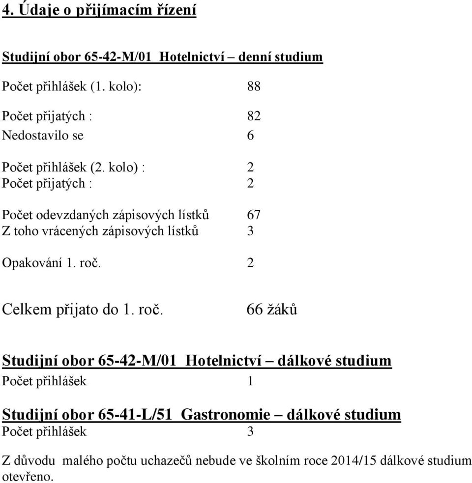 kolo) : 2 Počet přijatých : 2 Počet odevzdaných zápisových lístků 67 Z toho vrácených zápisových lístků 3 Opakování 1. roč.