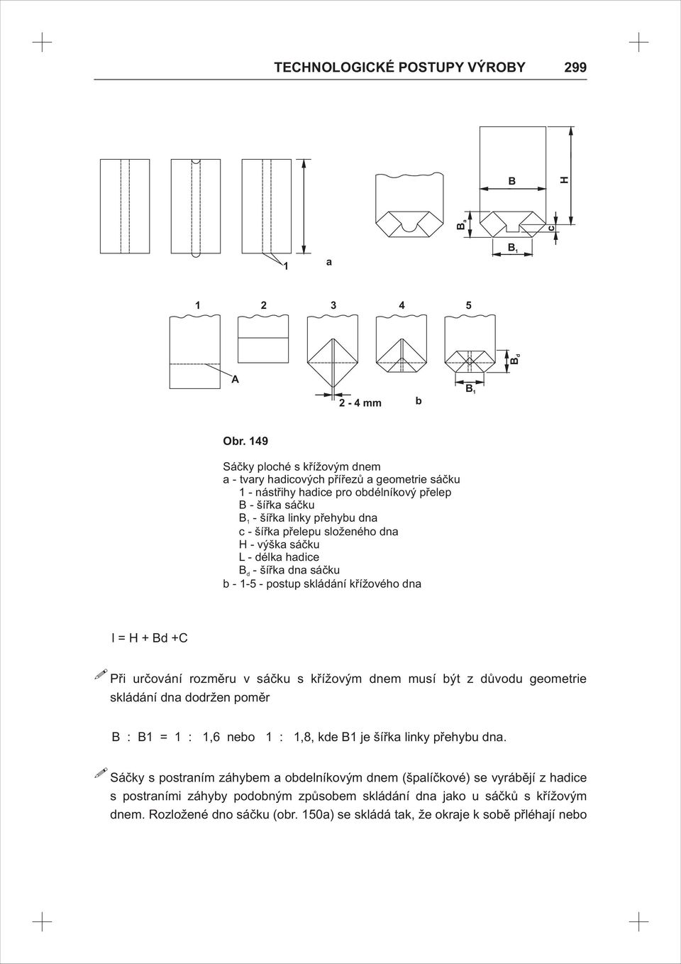 dna H - výška sáčku L - délka hadice Bd - šířka dna sáčku b - 1-5 - postup skládání křížového dna l=h+bd+c Při určování rozměru v sáčku s křížovým dnem musí být z důvodu geometrie skládání dna