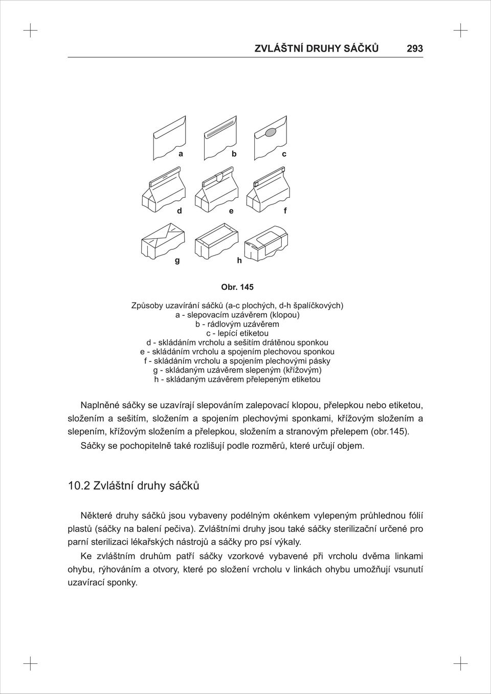 vrcholu a spojením plechovou sponkou f - skládáním vrcholu a spojením plechovými pásky g - skládaným uzávěrem slepeným (křížovým) h - skládaným uzávěrem přelepeným etiketou Naplněné sáčky se