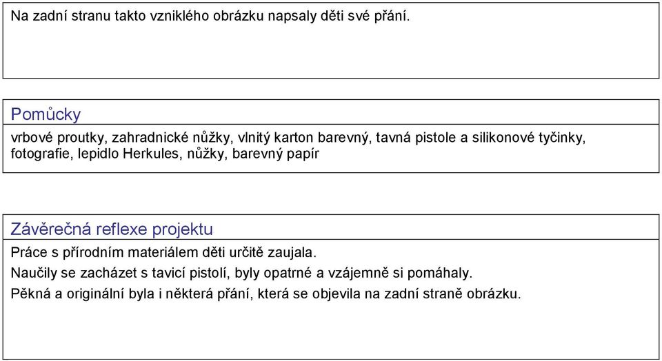 fotografie, lepidlo Herkules, nůžky, barevný papír Závěrečná reflexe projektu Práce s přírodním materiálem děti