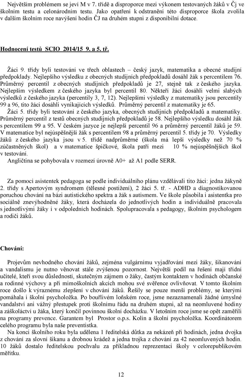 třídy byli testování ve třech oblastech český jazyk, matematika a obecné studijní předpoklady. Nejlepšího výsledku z obecných studijních předpokladů dosáhl žák s percentilem 76.