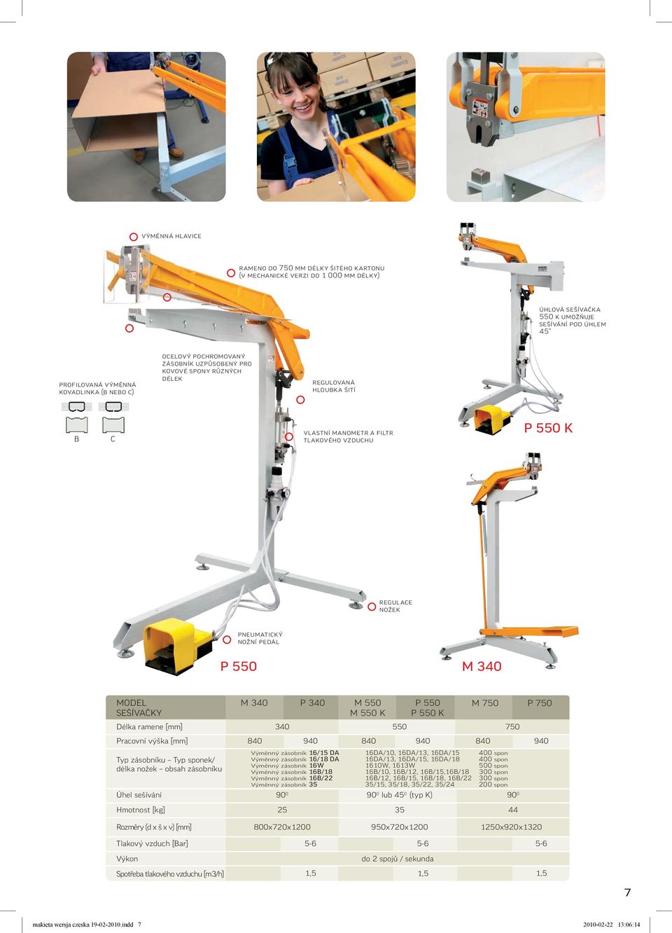 SEŠÍVAČKY Délka ramene [mm] 340 550 750 Pracovní výška [mm] 840 940 840 940 840 940 Typ zásobníku Typ sponek/ délka nožek obsah zásobníku Výměnný zásobník 16/15 DA 16DA/10, 16DA/13, 16DA/15 400 spon