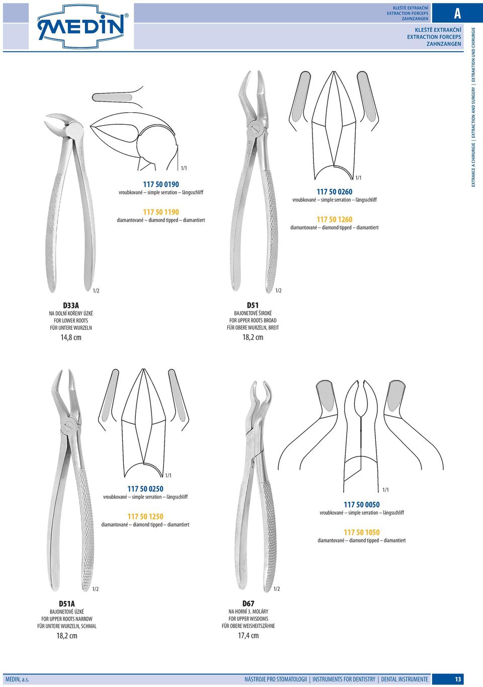 KOŘENY ÚZKÉ FOR LOWER ROOTS FÜR UNTERE WURZELN 14,8 cm D51 BAJONETOVÉ ŠIROKÉ FOR UPPER ROOTS BROAD FÜR OBERE WURZELN, BREIT 18,2 cm 117 50 0250 vroubkované simple serration längsschliff 117 50 1250