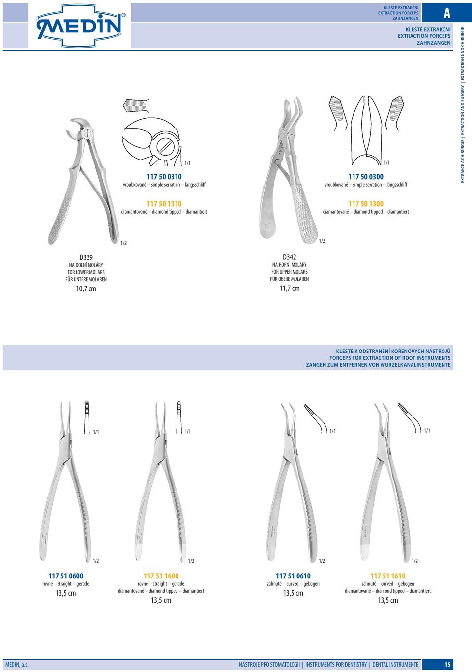 MOLÁRY FOR LOWER MOLARS FÜR UNTERE MOLAREN 10,7 cm D342 NA HORNÍ MOLÁRY FOR UPPER MOLARS FÜR OBERE MOLAREN 11,7 cm Kleště k odstranění kořenových nástrojů Forceps for Extraction of Root Instruments