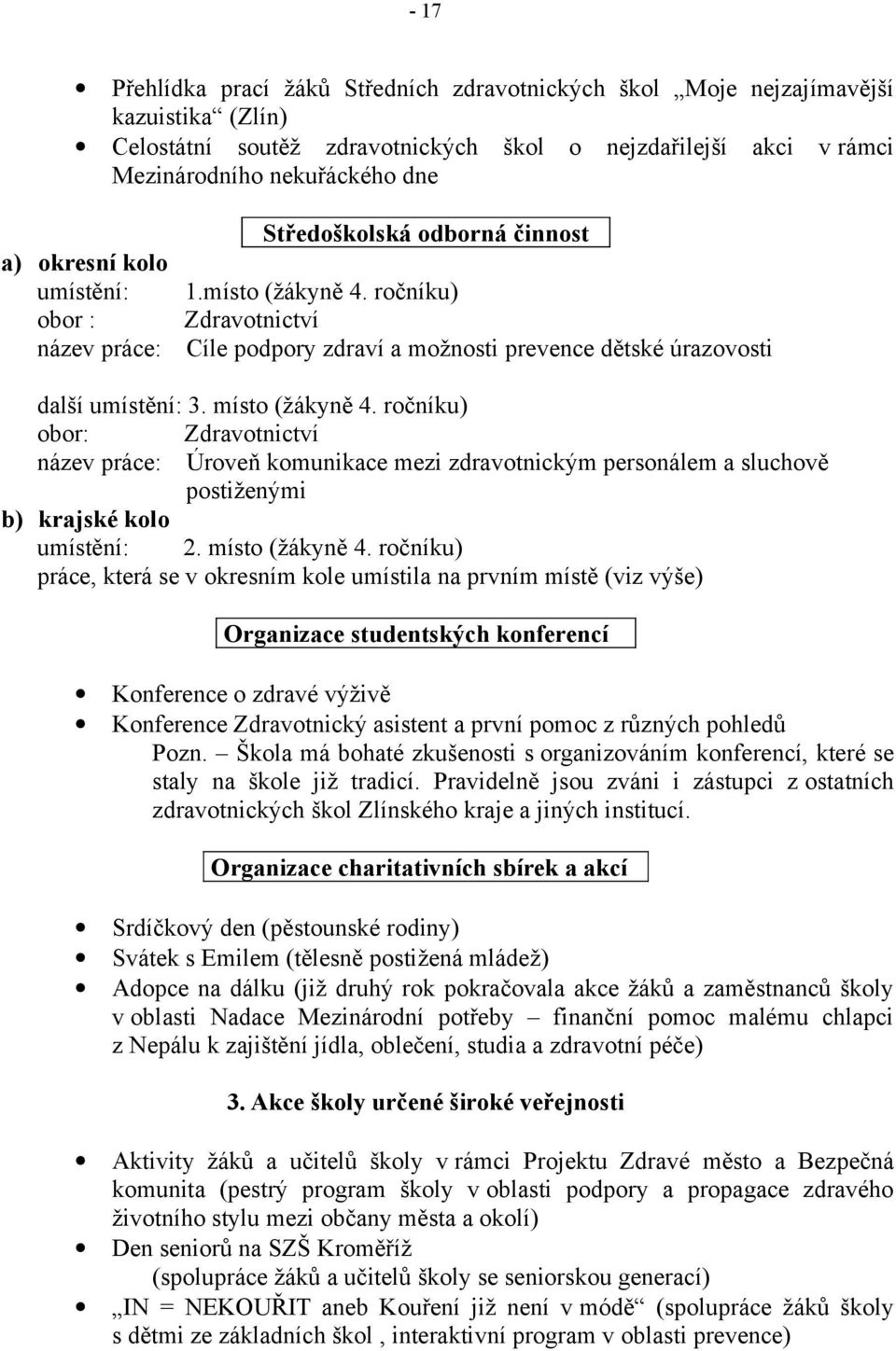 místo (žákyně 4. ročníku) obor: Zdravotnictví název práce: Úroveň komunikace mezi zdravotnickým personálem a sluchově postiženými b) krajské kolo umístění: 2. místo (žákyně 4.