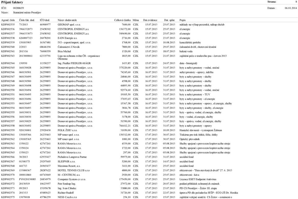 07.2013 el.energie KDF002539 130103903 16367481 IVJ - export/import, spol. s r.o. 1768,00 CZK 15.07.2013 10.08.2013 kancelářské potřeby KDF002540 2/2013 68646194 Čalounictví J.Novák 7800,00 CZK 15.07.2013 29.