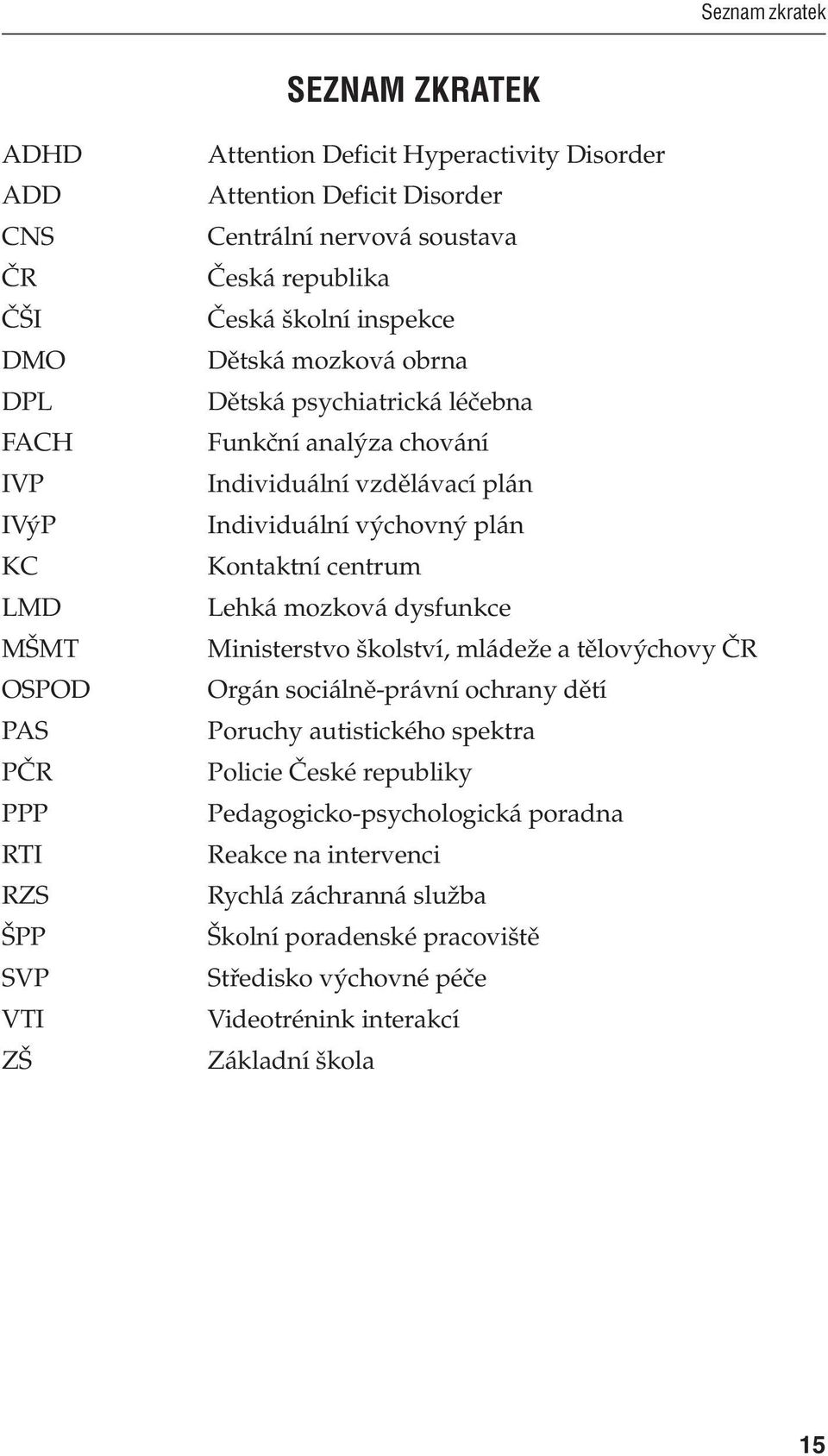 Individuální výchovný plán Kontaktní centrum Lehká mozková dysfunkce Ministerstvo školství, mládeže a tělovýchovy ČR Orgán sociálně-právní ochrany dětí Poruchy autistického spektra