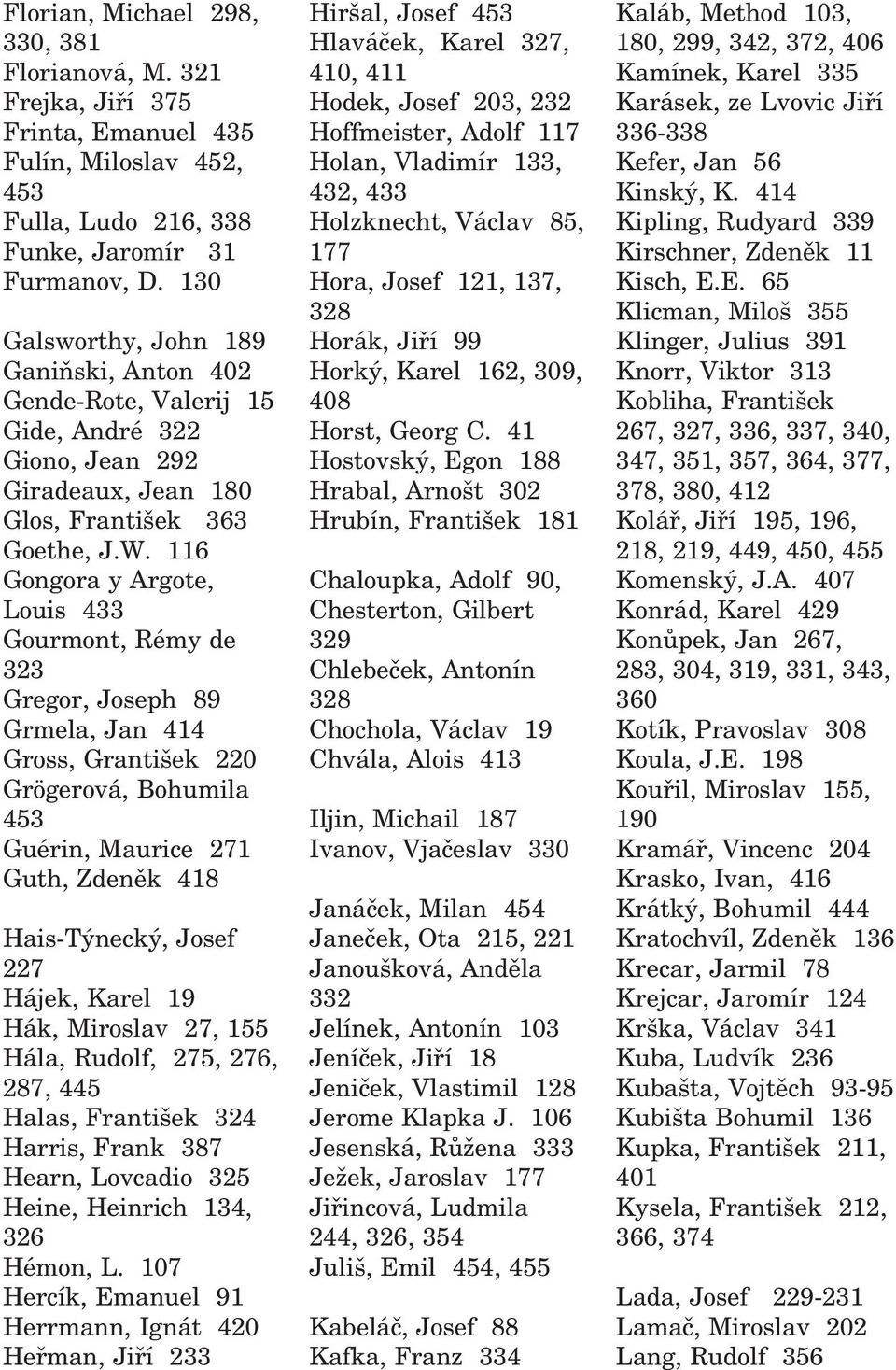 116 Gongora y Argote, Louis 433 Gourmont, Rémy de 323 Gregor, Joseph 89 Grmela, Jan 414 Gross, Grantišek 220 Grögerová, Bohumila 453 Guérin, Maurice 271 Guth, Zdeněk 418 Hais Týnecký, Josef 227