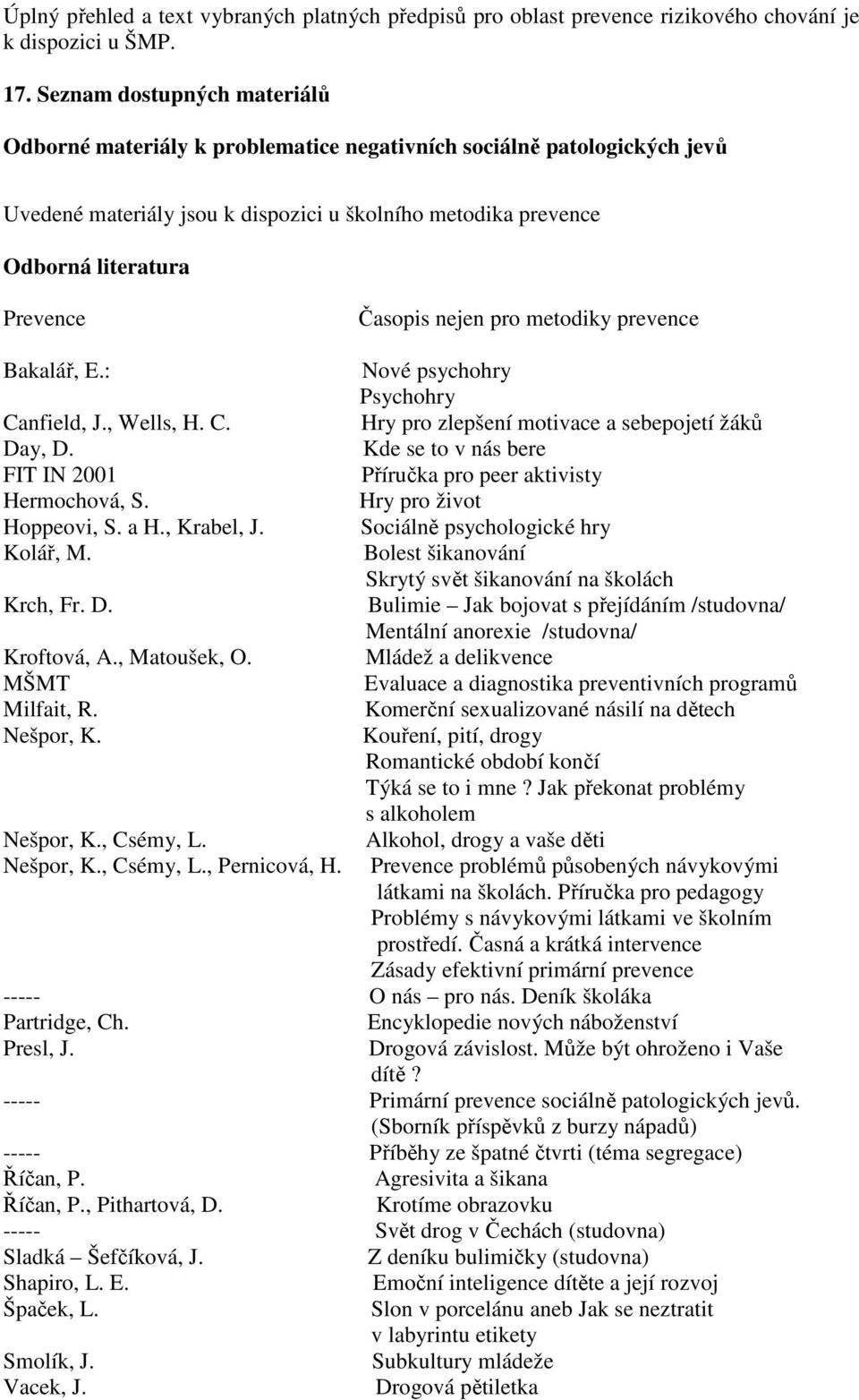 Časopis nejen pro metodiky prevence Bakalář, E.: Nové psychohry Psychohry Canfield, J., Wells, H. C. Hry pro zlepšení motivace a sebepojetí žáků Day, D.