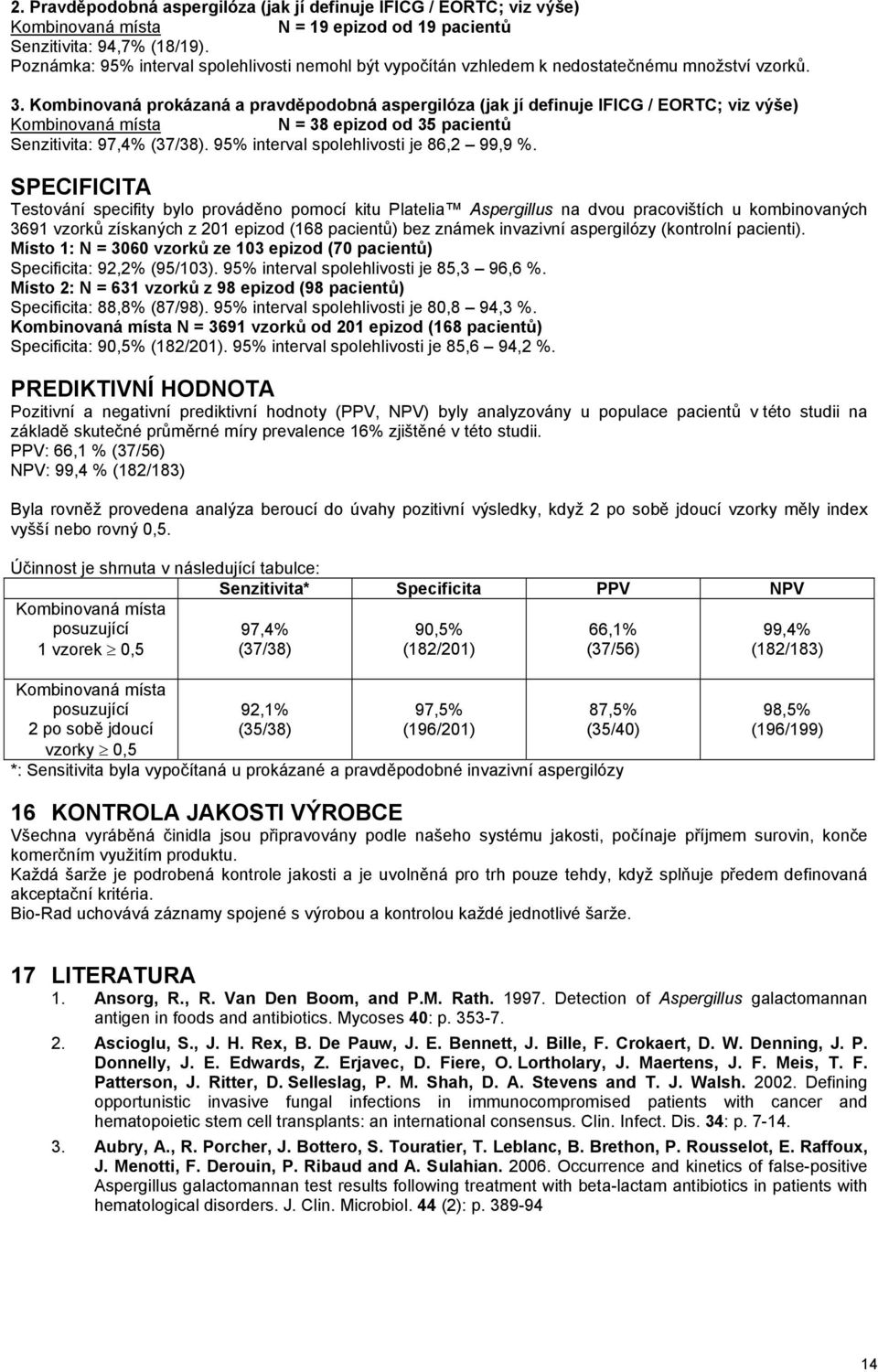 Kombinovaná prokázaná a pravděpodobná aspergilóza (jak jí definuje IFICG / EORTC; viz výše) Kombinovaná místa N = 38 epizod od 35 pacientů Senzitivita: 97,4% (37/38).