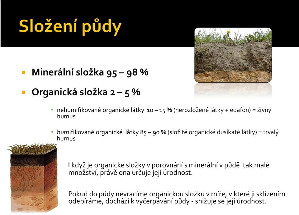 Ikdyžjeorganickésložkyvporovnánísminerálnívpůdě takmalé množství, právě ona určuje její úrodnost.