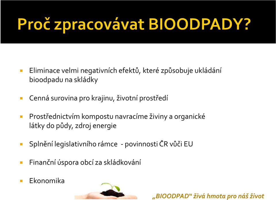 živiny a organické látky do půdy, zdroj energie Splnění legislativního rámce -