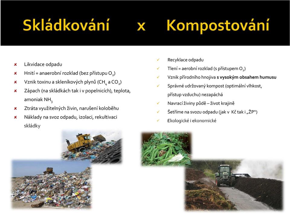 Recyklace odpadu Tlení = aerobní rozklad (s přístupem O 2 ) Vznik přírodního hnojiva s vysokým obsahem humusu Správné udržovaný kompost